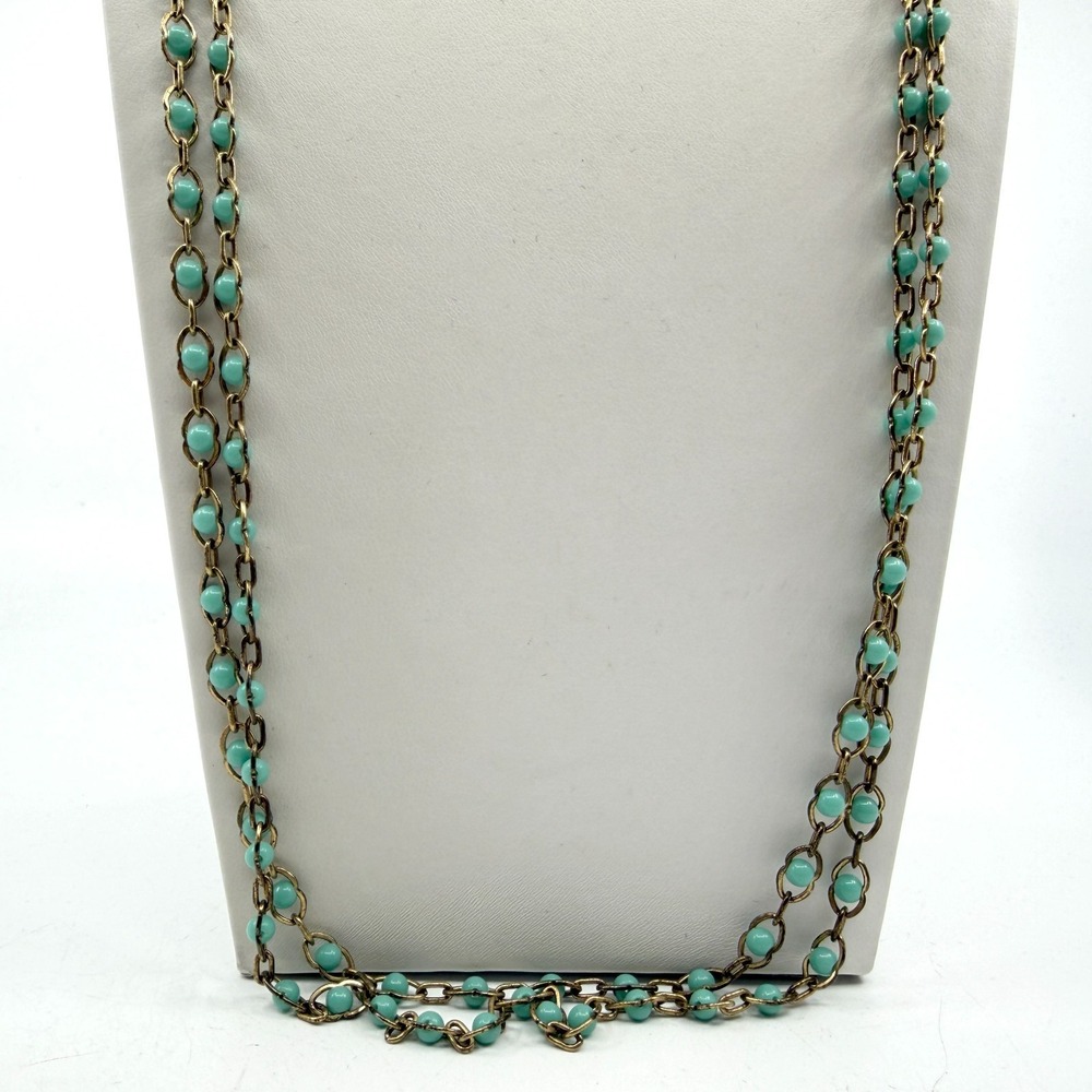 Long Beaded Chain Necklace with Teal Accent - Gold Tone Boho Statement